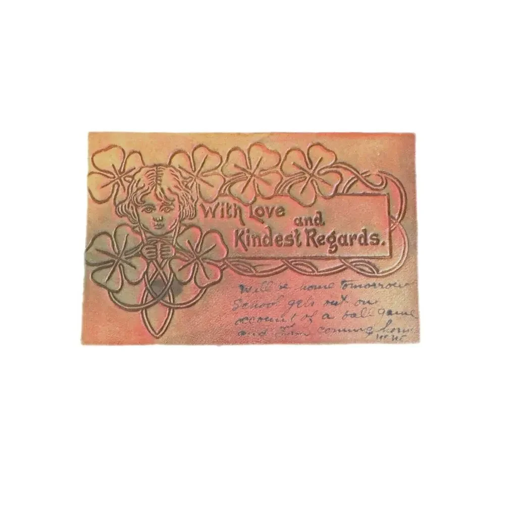Antique Ephemera 1907 Leather Postcard Valentine 4 Leaf Clovers Celtic Posted